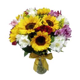 Imagem de Vaso com Girassóis e Astromélias Coloridas