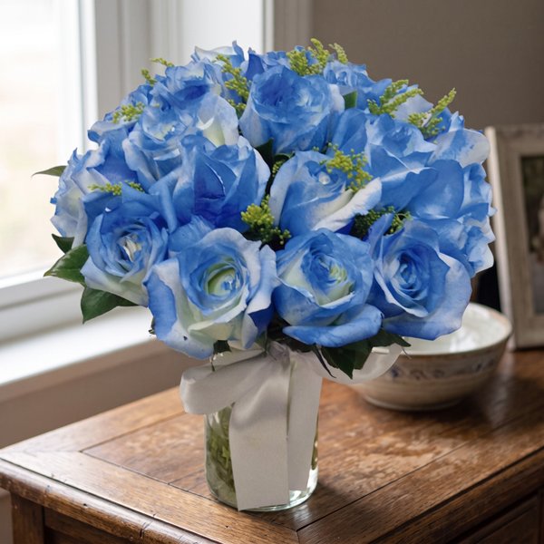 20 Rosas Tingidas de Azul  no Vaso