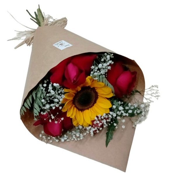 Buquê 4 Rosas e 1 Girassol