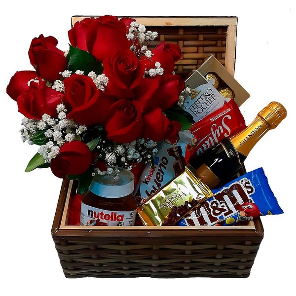  Cesta de Flores e Chocolate com Chandon