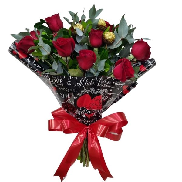 Buquê Rosas Vermelhas e Ferrero Rocher