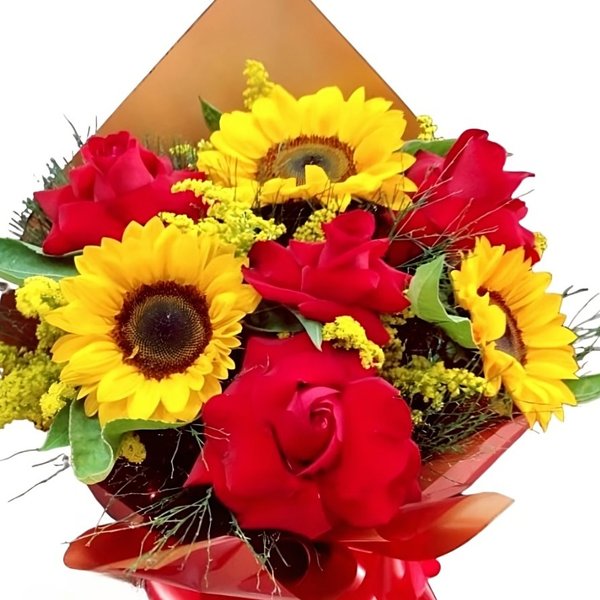 Buquê de Rosas e Girassol 