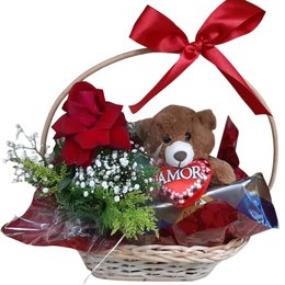 Imagem de Cesta com Rosa, Urso e Chocolate 