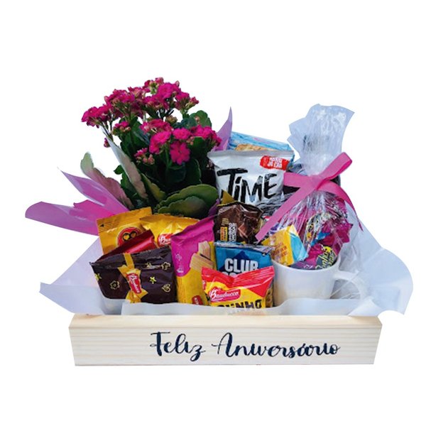 Cesta de Café com Biscoitos, Flores e Caneca