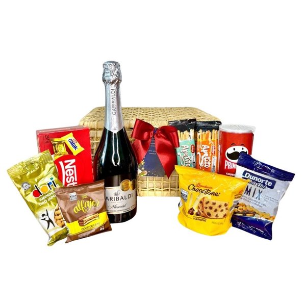 Cesta com Espumante Doces e Salgados Boas Festas