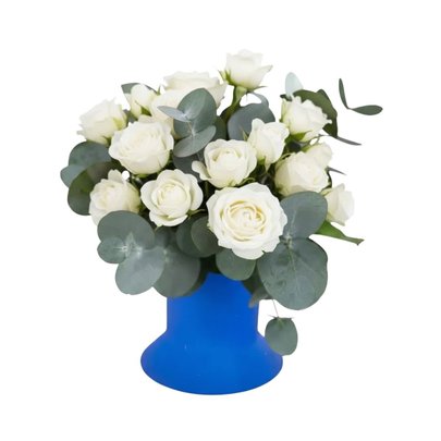 Rosas Spray Brancas no Vaso Azul Presente Elegante