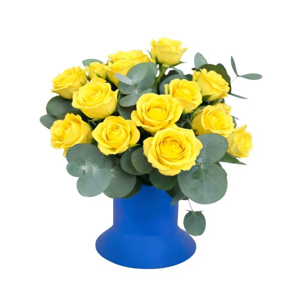 Rosas Spray Amarelas  no Vaso Azul 