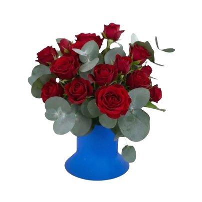 Arranjo de Rosas Spray Vermelhas no Vaso Azul