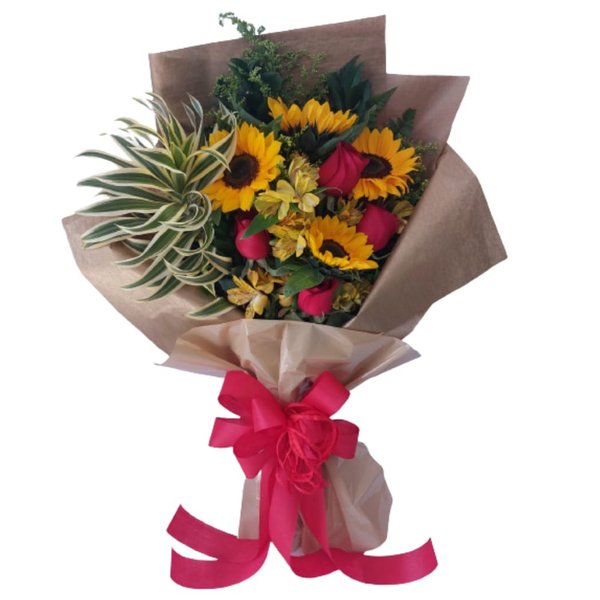 bouquet especial girassol e rosa vermelha