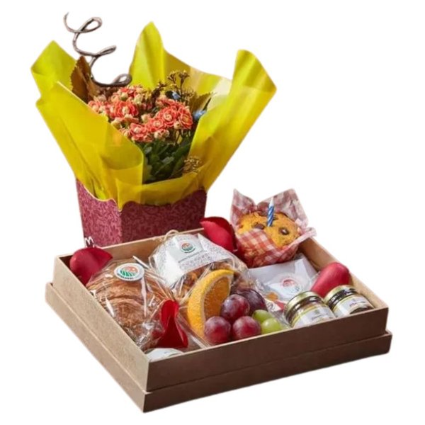 Cesta de Café da Manhã Amanhecer Muffin e Flor