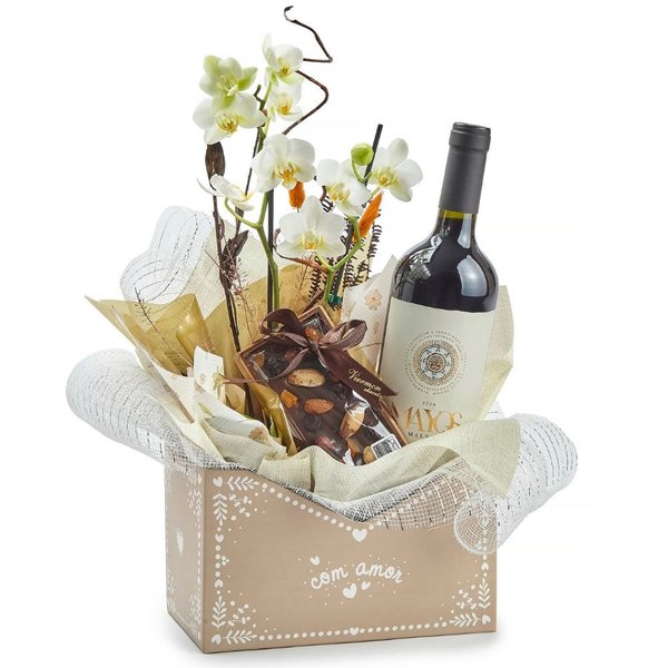 Cesta Orquídea Vinho & Chocolate  Com Amor