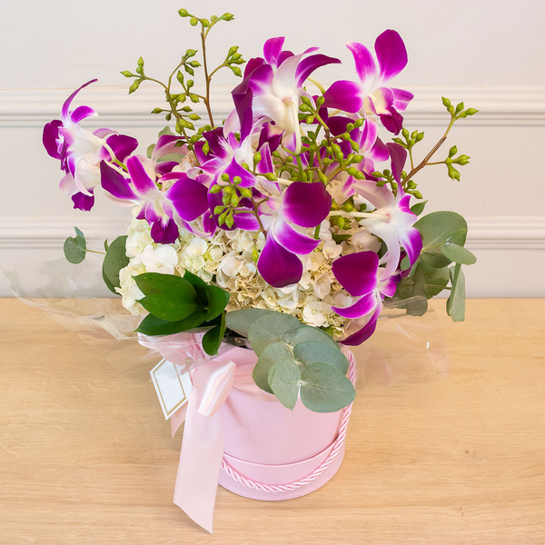 Arranjo de Flores com Orquídeas Hortênsias na Box Lyon