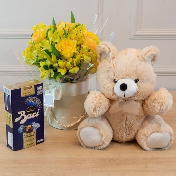 Kit Presente Flores Amarelas, Urso e Bombons Baci