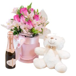 Imagem de Kit Rosas, Astromélias, Chandon e Urso Fofo