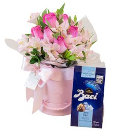 Imagem de Box Rosas Rosadas com Bombons Baci ao Leite 125g