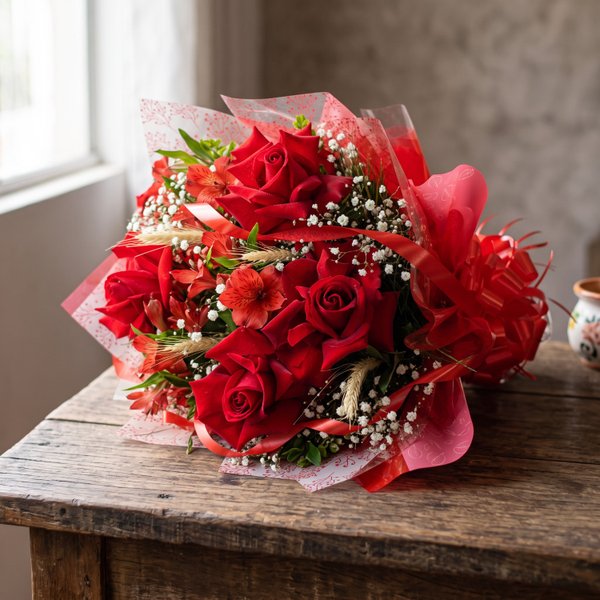 Buquê com Rosas e Astromélias Vermelhas 