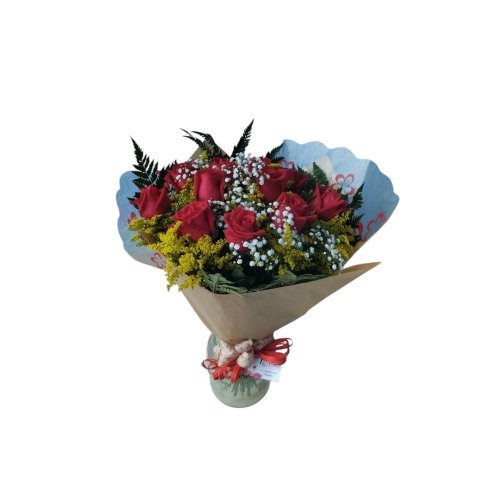 Elegante Buquê 12 Rosas Vermelhas