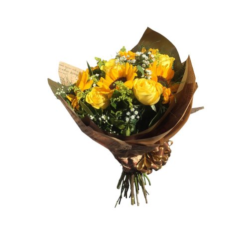 Buquê Radiante Rosas Amarelas e Girassol