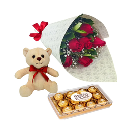 Imagem de Elegante Buquê De 6 Rosas Com Pelúcia & Ferrero