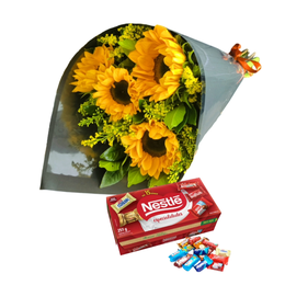 Imagem de Kit Ramalhete De 4 Girassóis & Caixa De Bombom