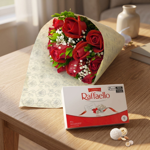 Kit Buquê de 12 Rosas Vermelhas & Rafaello