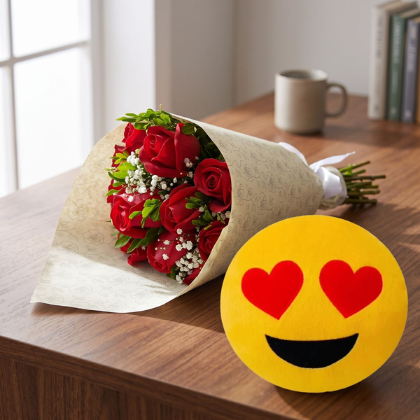 Apaixonante Buquê de 12 Rosas Vermelhas e Emoji 
