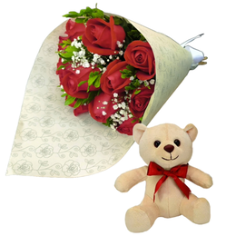 Imagem de Apaixonante Buquê De 12 Rosas Vermelhas e Pelúcia