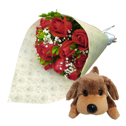 Imagem de Apaixonante Buquê de 12 Rosas e Cachorrinho Dengoso
