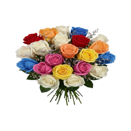 Imagem de Buquê De 36 Rosas Coloridas Com Azul & Gypsophila