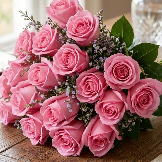 Buquê De 36 Rosas Cor De Rosa & Gypsophila | Giuliana Flores
