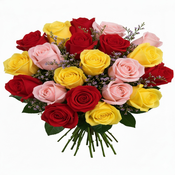 Buquê De 36 Rosas Vermelhas, Amarelas & Cor De Rosa