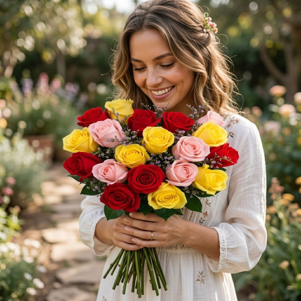 Buquê De 36 Rosas Vermelhas, Amarelas & Cor De Rosa