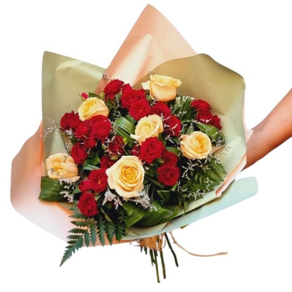 Buquê de 6 Rosas Chá, 6 Mini Rosas Vermelhas