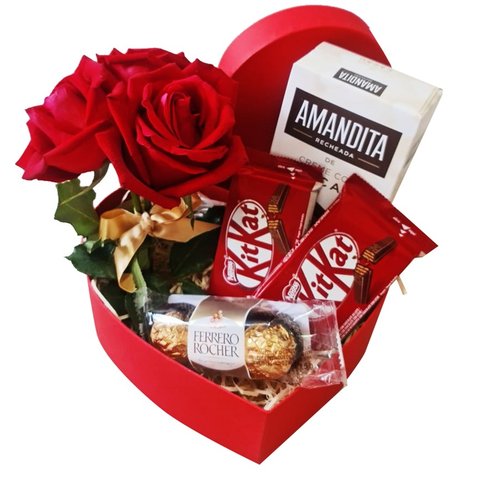 Cesta Coração, Rosa e Chocolates Namorados