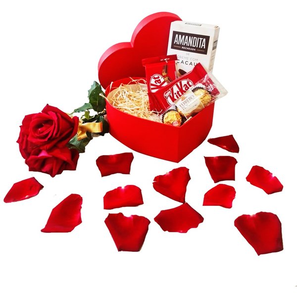 Cesta Coração, Rosa e Chocolates Namorados