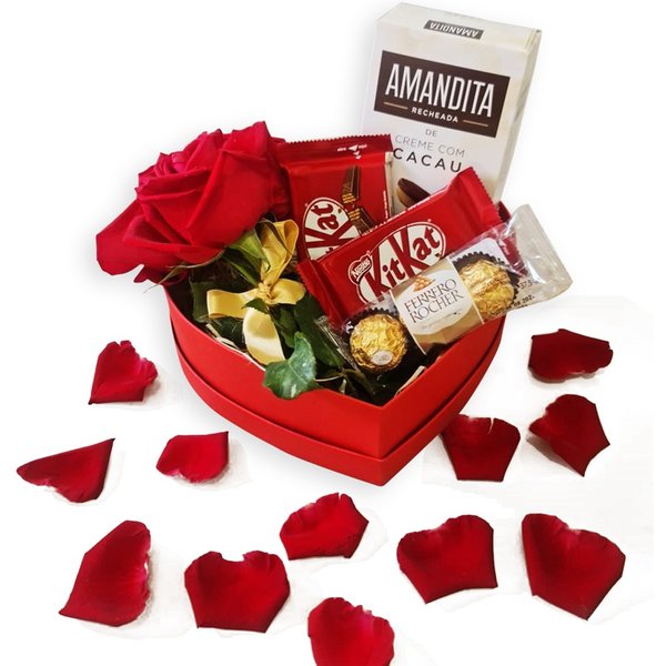 Cesta Coração, Rosa e Chocolates Namorados