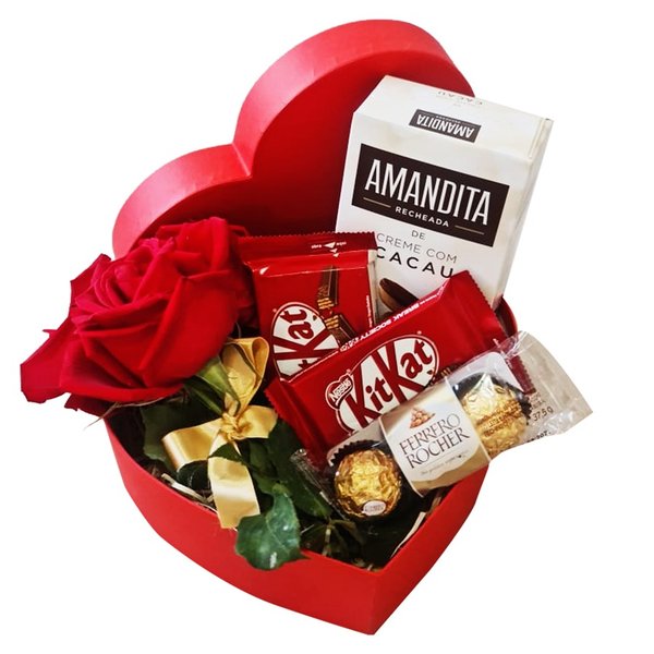 Cesta Coração, Rosa e Chocolates Namorados