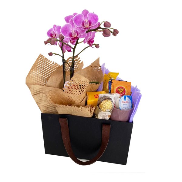 Cesta Café com Orquídea,  Caneca e Chocolate 