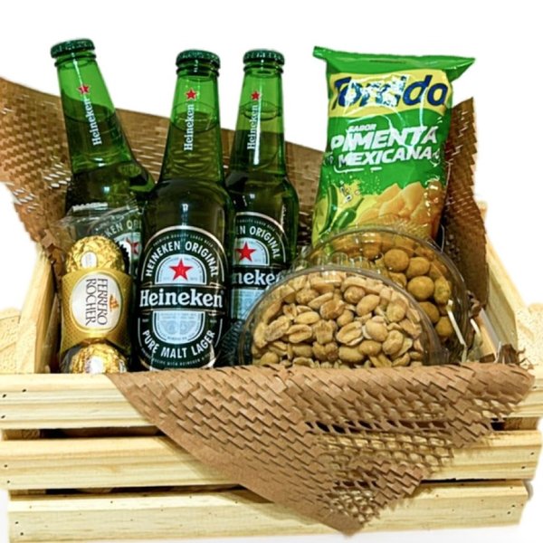 Cesta com Cervejas Heineken e Petiscos Felicidades 