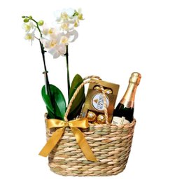 Imagem de Cesta de Palha com Orquídea, Bombons e Espumante 