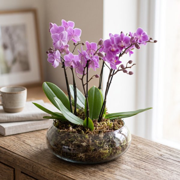 Vaso de Vidro com Orquídeas Premium Lilás 
