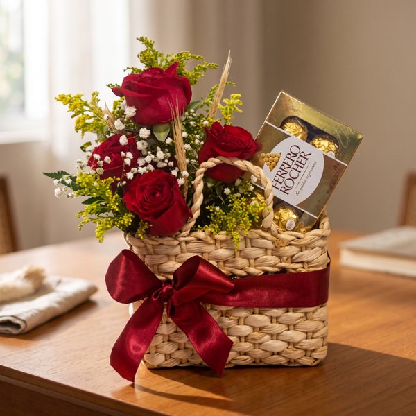 Cesta com Rosas e Bombons