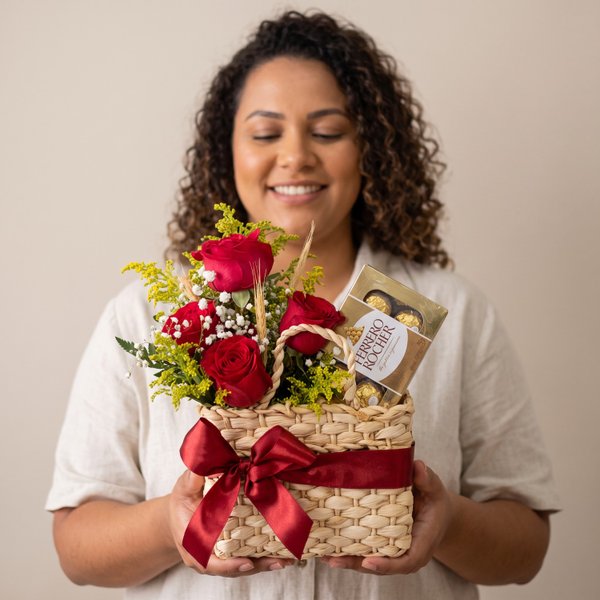 Cesta com Rosas e Bombons