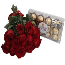 Imagem de Buque com 12 Rosas Vermelhas e Chocolate