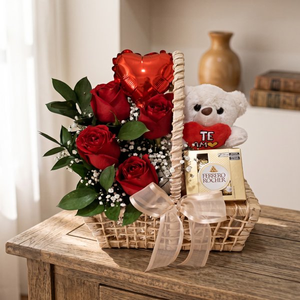 Cesta com Rosas e Urso
