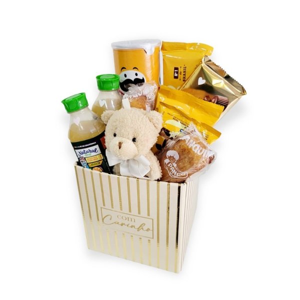 Cesta  Carinho Gold Com Ursinho e Guloseimas