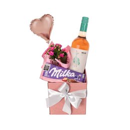Imagem de Cesta com Vinho Rose e Flores