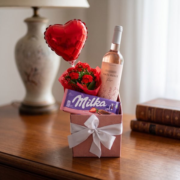 Cesta com Vinho Rose e Flores