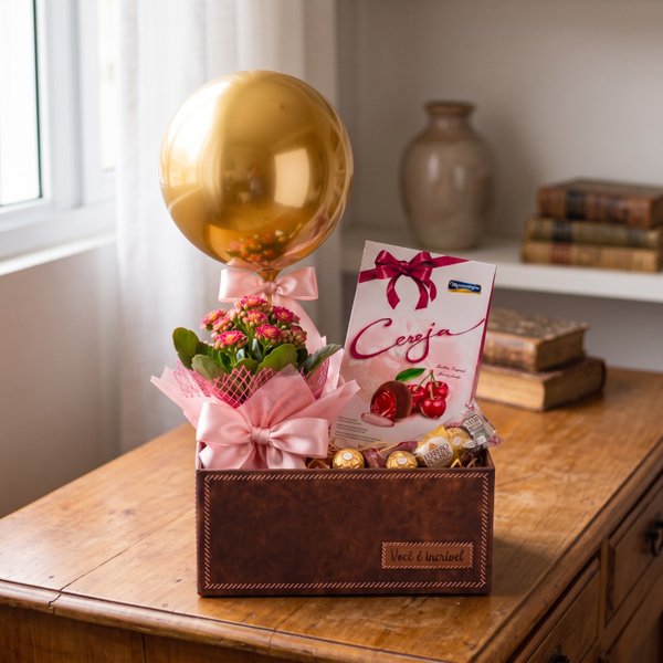 Cesta Romântica com Chocolates, Flores e Balão 