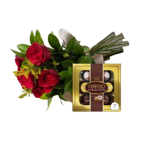 Buquê de 6 Rosas Vermelhas com Chocolate Ferrero Roche